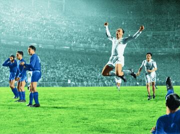 Salto de celebración de Alfredo Di Stéfano en el cuarto gol frente a Vasas de Budapest en 1958.