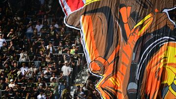Feb 22, 2025; Los Angeles, California, USA; LAFC fans display a tifo during the first half against Minnesota United at BMO Stadium. Mandatory Credit: Gary A. Vasquez-Imagn Images