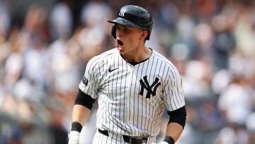 NEW YORK, NEW YORK - JULY 06: Ben Rice #93 of the New York Yankees reacts after a three-run home run against the Boston Red Sox during the fifth inning at Yankee Stadium on July 06, 2024 in in the Bronx borough of New York City.   Luke Hales/Getty Images/AFP (Photo by Luke Hales / GETTY IMAGES NORTH AMERICA / Getty Images via AFP)