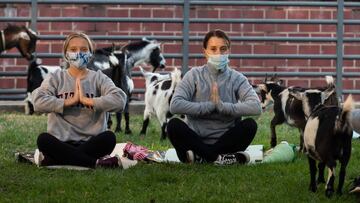 Participants perform a namaste greeting during a Halloween costume goat yoga event, with goats from the Walnut Creek Farm, at Ease yoga and cafe in Alexandria, Virginia on October 30, 2020. (Photo by ANDREW CABALLERO-REYNOLDS / AFP)