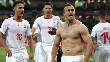 Kaliningrad (Russian Federation), 22/06/2018.- Xherdan Shaqiri of Switzerland celebrates scoring the 2-1 lead during the FIFA World Cup 2018 group E preliminary round soccer match between Serbia and Switzerland in Kaliningrad, Russia, 22 June 2018.
 
 (RE