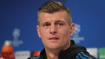 MUNICH, GERMANY - APRIL 24: Toni Kroos of Real Madrid looks on during the Real Madrid press conference ahead of the UEFA Champions League semi final against Bayern Munich at Allianz Arena on April 24, 2018 in Munich, Germany. (Photo by Alexander Hassens