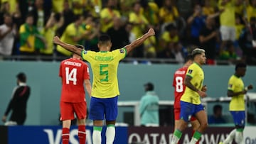 Brazil's midfielder #05 Casemiro (C) gestures after winning the Qatar 2022 World Cup Group G football match between Brazil and Switzerland at Stadium 974 in Doha on November 28, 2022. (Photo by Jewel SAMAD / AFP)