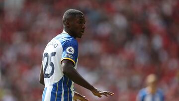 Moisés Caicedo, jugador del Brighton, pide calma durante un partido.