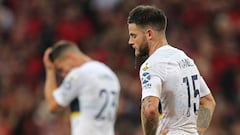 Nahitan Nandez of Argentina&#039;s Boca Juniors reacts in dejection during a Libertadores Cup football match against Brazilian Athletico Paranaense at the Arena da Baixada stadium in Curitiba, Brazil on April 02, 2019. (Photo by Heuler Andrey / AFP)