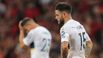 Nahitan Nandez of Argentina's Boca Juniors reacts in dejection during a Libertadores Cup football match against Brazilian Athletico Paranaense at the Arena da Baixada stadium in Curitiba, Brazil on April 02, 2019. (Photo by Heuler Andrey / AFP)