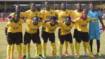 Players of Kumasi Asante Kotoko Football Club pose for a group photograph before a league match against Inter Allies Football Club at the El Wak stadium in Accra, on July 12, 2017.