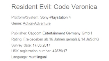 Resident Evil Code Veronica, en físico para PS4 según el USK