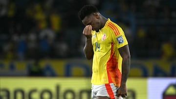 Colombia's forward #14 Jhon Durán reacts after the 2026 FIFA World Cup South American qualifiers football match between Colombia and Paraguay at the Metropolitano Roberto Melendez stadium in Barranquilla, Colombia, on March 25, 2025. (Photo by Luis ACOSTA / AFP) (Photo by LUIS ACOSTA/AFP via Getty Images)
