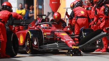 Charles Leclerc of Monaco driving the (16) Ferrari F1-75 makes a pitstop during the F1 Grand Prix of Canada at Circuit Gilles Villeneuve on June 19, 2022 in Montreal, Quebec.