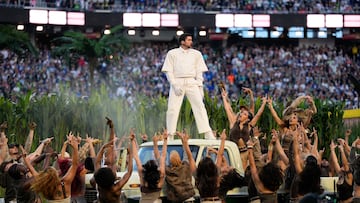 Feb 8, 2026; Santa Clara, CA, USA; Bad Bunny performs during the halftime show in Super Bowl LX between the Seattle Seahawks and the New England Patriots at Levi's Stadium. Mandatory Credit: Kyle Terada-Imagn Images