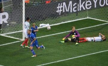 England players on the ground as Iceland score.