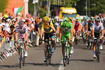 Pierre Rolland, Chris Froome y Peter Sagan al comienzo de la etapa.