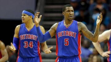CHARLOTTE, NC - NOVEMBER 29: Teammates Tobias Harris #34 and Kentavious Caldwell-Pope #5 of the Detroit Pistons react after a call during their game against the Charlotte Hornets at Spectrum Center on November 29, 2016 in Charlotte, North Carolina. NOTE TO USER: User expressly acknowledges and agrees that, by downloading and or using this photograph, User is consenting to the terms and conditions of the Getty Images License Agreement. Streeter Lecka/Getty Images/AFP
== FOR NEWSPAPERS, INTERNET, TELCOS & TELEVISION USE ONLY ==