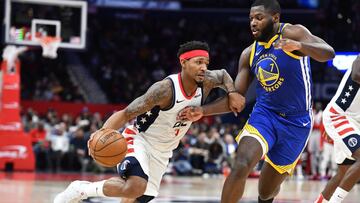 Feb 3, 2020; Washington, District of Columbia, USA; Washington Wizards guard Bradley Beal (3) dribbles against Golden State Warriors forward Eric Paschall (7) during the second half at Capital One Arena. Mandatory Credit: Brad Mills-USA TODAY Sports