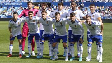 El once del Zaragoza frente al Girona: Cristian Álvarez, Eugeni, Iván Azón, Jair y Zapater en la fila de arriba y Bermejo, Fran Gámez, Chavarría, Francés, Borja Sainz y Vada en la de abajo.