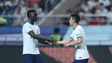 SEOUL, SOUTH KOREA - JULY 13: Heung-Min Son of Tottenham Hotspur celebrates after scoring their fourth goa with Davinson Sanchez of Tottenham Hotspur lduring the preseason friendly match between Tottenham Hotspur and Team K League at Seoul World Cup Stadium on July 13, 2022 in Seoul, South Korea. (Photo by Tottenham Hotspur FC/Tottenham Hotspur FC via Getty Images)