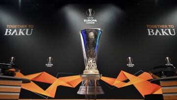 The UEFA Europa League football cup is displayed prior to the draw for the round of 32 of the UEFA Europa League football tournament at the UEFA headquarters in Nyon on December 17, 2018. (Photo by Fabrice COFFRINI / AFP) TROFEO