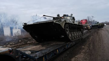 BAKHMUT, UKRAINE - JANUARY 18: A Ukrainian tank is off loaded
along a road outside of the strategic city of Bakhmut on January 18, 2023 in Bakhmut, Ukraine. Russia has stepped up its offensive in the Donetsk region in the new year, with the region's Kyiv-appointed governor accusing Russia of using scorched-earth tactics.