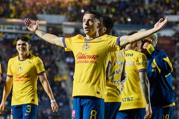     Alvaro Fidalgo celebrate this goal 2-1 of America during the 14th round match between America and Monterrey as part of the Liga BBVA MX, Torneo Apertura 2024 at Ciudad de los Deportes Stadium on October 27, 2024 in Mexico City, Mexico.