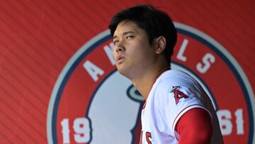 Aug 5, 2023; Anaheim, California, USA; Los Angeles Angels designated hitter Shohei Ohtani (17) looks on from the dugout during the game against the Seattle Mariners at Angel Stadium. Mandatory Credit: Jayne Kamin-Oncea-USA TODAY Sports