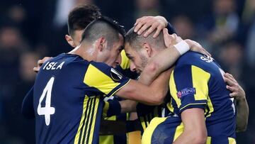 Soccer Football - Europa League Round of 32 First Leg - Fenerbahce v Zenit Saint Petersburg - Sukru Saracoglu Stadium, Istanbul, Turkey - February 12, 2019  Fenerbahce&#039;s Islam Slimani celebrates scoring their first goal with Mauricio Isla and team ma