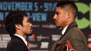 Manny Pacquiao y Jessie Vargas, en el pesaje y la rueda de prensa previa al combate que ambos p&uacute;giles disputan este s&aacute;bado en Las Vegas.