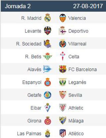 Week by week quick glance LaLiga 2017/18 fixture list