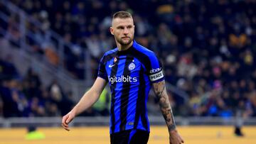 MILAN, ITALY - JANUARY 14: Milan Skriniar of FC Internazionale looks on during the Serie A match between FC Internazionale and Hellas Verona at Stadio Giuseppe Meazza on January 14, 2023 in Milan, Italy. (Photo by Giuseppe Cottini/Getty Images)