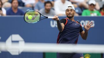 Nick Kyrgios plays a forehand against Benjamin Bonzi in their Men's Singles Second Round match on Day Three of the 2022 US Open.