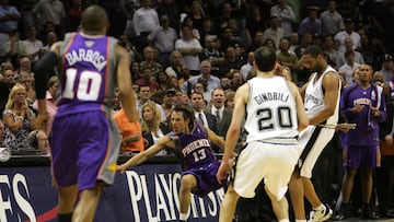 SAN ANTONIO - MAY 14: Guard Steve Nash #13 of the Phoenix Suns falls out of bounds after a flagrant foul by Robert Horry #5 of the San Antonio Spurs in Game Four of the Western Conference Semifinals during the 2007 NBA Playoffs on May 14, 2007 at AT&T Center in San Antonio, Texas. The Suns defeated the Spurs 104-98 to tie the series 2-2. NOTE TO USER: User expressly acknowledges and agrees that, by downloading and or using this photograph, User is consenting to the terms and conditions of the Getty Images License Agreement. (Photo by Ronald Martinez/Getty Images)