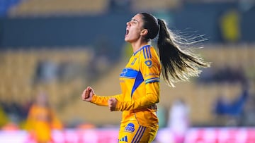 Jheniffer Da Silva celebrates her goal 3-0 of Tigres during the 5th round match between Tigres UANL and Atlas as part of the Liga BBVA MX Femenil, Torneo Clausura 2026 at Universitario Stadium, on January 24, 2026 in Monterrey, Nuevo Leon, Mexico.
