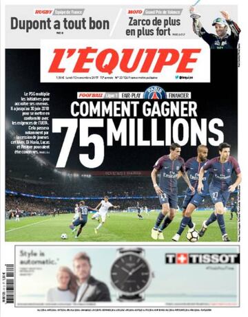 Portada de &#039;L&#039;&Eacute;quipe&#039; del lunes, 13 de noviembre de 2017.