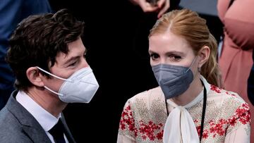 German virologist Christian Drosten talks to German Researcher Sandra Ciesek at the Bundestag building Paul Loebe Haus, as the Federal Assembly gathers to elect the new German state president, in Berlin, Germany February 13, 2022. REUTERS/Hannibal Hanschke