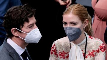 German virologist Christian Drosten talks to German Researcher Sandra Ciesek at the Bundestag building Paul Loebe Haus, as the Federal Assembly gathers to elect the new German state president, in Berlin, Germany February 13, 2022. REUTERS/Hannibal Hanschk