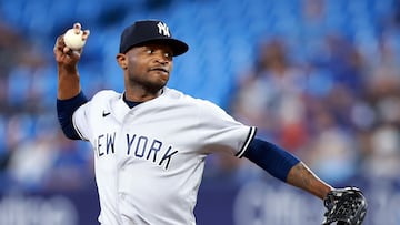 TORONTO, ON - MAY 16: Domingo German #0 of the New York Yankees delivers a pitch in the first inning against the Toronto Blue Jays at Rogers Centre on May 16, 2023 in Toronto, Ontario, Canada. Vaughn Ridley/Getty Images/AFP (Photo by Vaughn Ridley / GETTY IMAGES NORTH AMERICA / Getty Images via AFP)