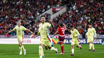 Geneva (Switzerland), 08/09/2024.- Spain's Joselu celebrates after scoring the 0-1 goal during the UEFA Nations League group A soccer match between Switzerland and Spain, in Geneva, Switzerland, 08 September 2024. (España, Suiza, Ginebra) EFE/EPA/JEAN-CHRISTOPHE BOTT