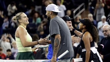 NEW YORK, NEW YORK - DECEMBER 08: Aryna Sabalenka and Tommy Paul of the United States congratulate Naomi Osaka of Japan and Nick Kyrgios of Australia on winning their mixed doubles match during the Garden Cup at Madison Square Garden on December 08, 2025 in New York City. Adam Hunger/Getty Images/AFP (Photo by Adam Hunger / GETTY IMAGES NORTH AMERICA / Getty Images via AFP)