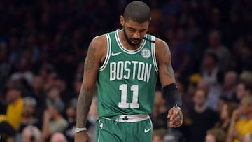 January 23, 2018; Los Angeles, CA, USA; Boston Celtics guard Kyrie Irving (11) reacts during the 108-107 loss against the Los Angeles Lakers in the second half at Staples Center. Mandatory Credit: Gary A. Vasquez-USA TODAY Sports