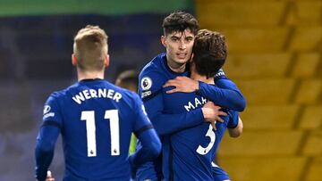 LONDON, ENGLAND - MARCH 08: Kai Havertz of Chelsea celebrates their side's first goal with team mate Marcos Alonso which was an own goal scored by Ben Godfrey of Everton (not pictured) during the Premier League match between Chelsea and Everton at St