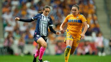 (L-R), Aylin Avilez of Monterrey and Anika Rodriguez of Tigres during the game Monterrey vs Tigres UANL, corresponding "Clasico Regio" to Round 11 of the Torneo Clausura 2023 of the BBVA MX Womens League, at BBVA Bancomer Stadium, on March 25, 2023.
<br><br>
(I-D), Aylin Avilez de Monterrey y Anika Rodriguez de Tigres durante el partido Monterrey vs Tigres UANL, Correspondiente a "Clasico Regio" de la Jornada 11 del Torneo Clausura 2023 de la Liga BBVA MX Femenil, en el Estadio BBVA Bancomer, el 25 de Marzo de 2023
