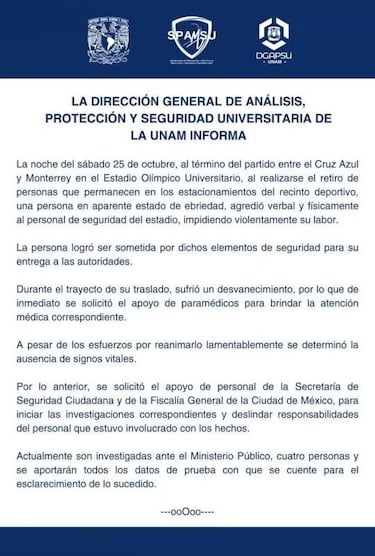 Aficionado fallece después del partido Cruz Azul vs Monterrey en Ciudad Universitaria