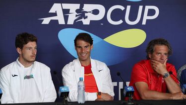 PERTH, AUSTRALIA - JANUARY 02: Rafael Nadal of Team Spain addresses the media together with Pablo Carreno Busta and Francisco Roig during a press conference ahead of the 2020 ATP Cup Group Stage at RAC Arena on January 02, 2020 in Perth, Australia. (Photo