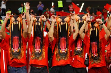 Marruecos fue la gran triunfadora del partido de octavos frente a España. En el campo supo neutralizar a los de
Luis Enrique y en las gradas sus seguidores ganaron por aplastante mayoría. En la imagen, cinco aficionados marroquíes visten una original camiseta con la cabeza de un león cuya boca se abre para mostrar sus terribles fauces. 
