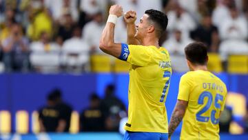 Nassr's Portuguese forward #07 Cristiano Ronaldo celebrates after scoring a goal during the AFC Champions League Group E football match between Saudi's al-Nassr and Qatar�s al-Duhail at the King Saud University Stadium in Riyadh on October 24, 2023. (Photo by Fayez NURELDINE / AFP)