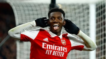 Soccer Football - Premier League - Arsenal v Manchester United - Emirates Stadium, London, Britain - January 22, 2023 Arsenal's Eddie Nketiah celebrates scoring their third goal Action Images via Reuters/Peter Cziborra EDITORIAL USE ONLY. No use with unauthorized audio, video, data, fixture lists, club/league logos or 'live' services. Online in-match use limited to 75 images, no video emulation. No use in betting, games or single club /league/player publications.  Please contact your account representative for further details.