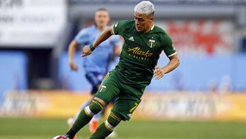 Portland Timbers forward Brian Fernandez dribbles the ball during the second half of an MLS soccer match against the Portland Timbers, Sunday, July 7, 2019, in New York. (AP Photo/Adam Hunger)