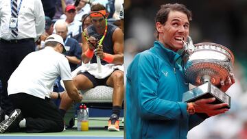 Rafa Nadal, atendido durante las semifinales del US Open 2018 y con el título de Roland Garros de este año.