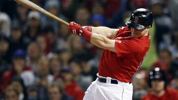 Boston Red Sox&#039;s Brock Holt follows through on an RBI single during the fourth inning of the team&#039;s baseball game against the New York Yankees in Boston, Friday, Sept. 6, 2019. (AP Photo/Michael Dwyer)