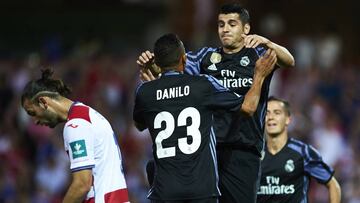 GRANADA, SPAIN - MAY 06: Alvaro Morata of Real Madrid CF (R) celebrates after scoring the second goal with Danilo of Real Madrid CF (L) during the La Liga match between Granada CF v Real Madrid CF at Estadio Nuevo Los Carmenes on May 6, 2017 in Granada, Spain. (Photo by Aitor Alcalde/Getty Images)